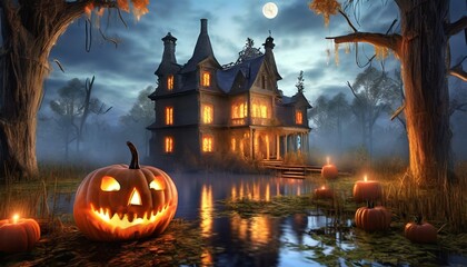 Fototapeta na wymiar Halloween Pumpkins Swampy Area Near Haunted House - Art