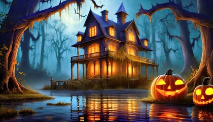 Fototapeta na wymiar Scary Halloween Mansion In Swamp - Art