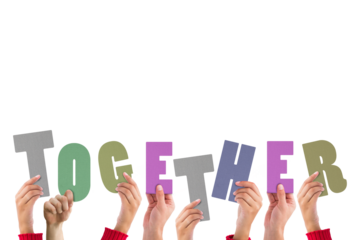 Digital png illustration of hands and together text on transparent background