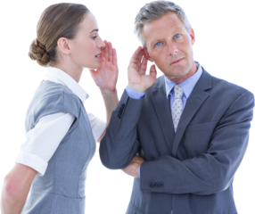 Digital png photo of focused caucasian businessmen couple whispering on transparent background