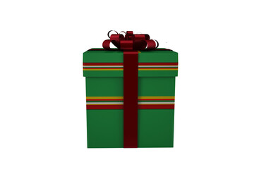 Digital png illustration of green gift with red ribbon and bow on transparent background