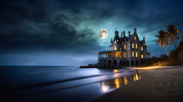Silhouette of glowing mansion on island beach with moonlight
