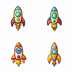 set of happy cute rocket watercolor illustrations for printing on baby clothes, pattern, sticker, postcards, print, fabric, and books