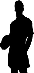 Digital png silhouette of rugby player standing with ball on transparent background