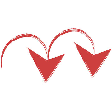Digital png illustration of two red curved down arrows on transparent background