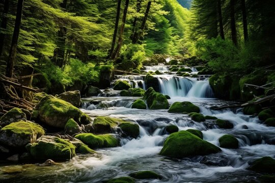 Rivers, flowing, forest, landscape, cascading, waterfall, water, nature, elegant, green, flow, rocks. Generative AI