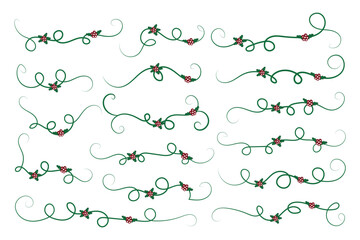 Christmas Flourishes Swirls dividers lines Decorative Elements, Vintage Calligraphy Scroll Merry Christmas text divider filigree elegant, Winter Holly headers fancy separator green page decor  - obrazy, fototapety, plakaty