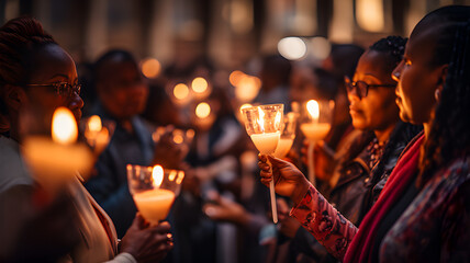 An image of people holding candles during an Easter vigil service, symbolizing the light of Christ overcoming darkness. HDR, ultra detailed, shot on 70 mm, 8k, bright lighting, vibrant and stylish - obrazy, fototapety, plakaty