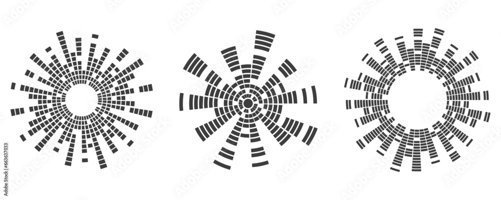 Poster circle sound wave. audio music equalizer. round circular icons set. spectrum radial pattern and freq