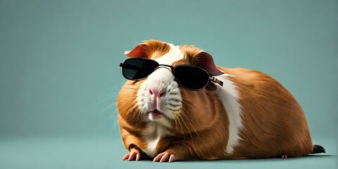 guinea pig wearing sunglasses solid color background minimal - obrazy, fototapety, plakaty