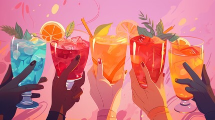 Hands cheering up the cocktails together at the party. AI generated