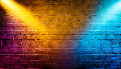 Lighting effect yellow , orange and blue neon background, wallpaper, Neon light on brick walls that are not plastered background and texture, brick wall background - Powered by Adobe