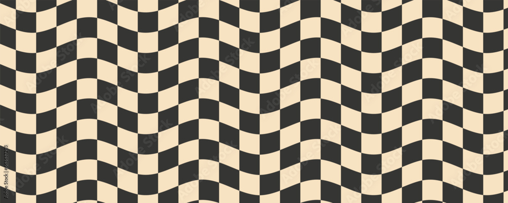 Poster checkerboard wavy pattern. abstract chess square print. black and pastel color psychedelic optical i