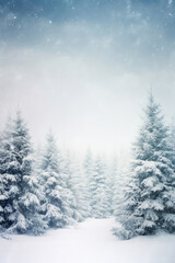 Fototapeta na wymiar Greeting card of Christmas trees in the forest