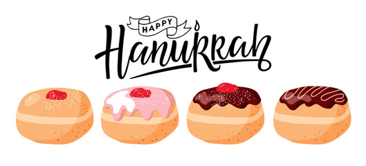Happy Hanukkah banner with Bakery doughnuts. Cartoon flat vector illustration. Traditional food for Jewish Holiday Hanukkah. Pastry donuts, sweet food for bakery, cafe menu. Happy Hanukkah in Hebrew