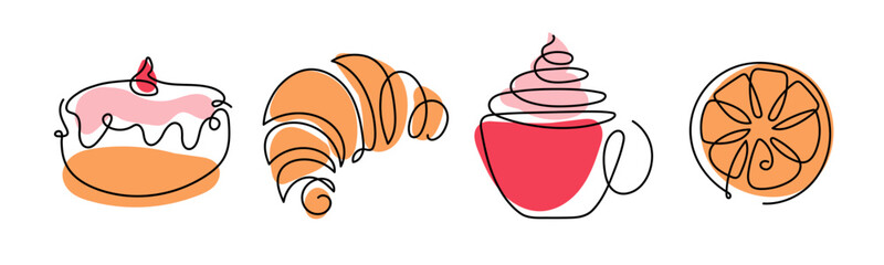 Coffee and Bakery set. Continuous one line drawing croissant, lemon, donut, hot drink cup. Baking shop Logo concept. Hand drawn pastries by one line. Cafe or tea line sketch. Fashionable trend vector