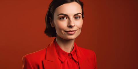 Happy Woman in a Red Suit on a Red Background, copy space. Stylish Confident Attractive Businesswoman in a Red Jacket, smiling, look in camera. 25 - 30 year old Female