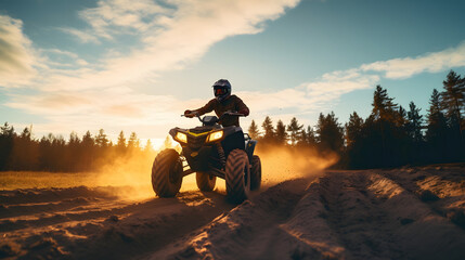 Man riding atv vehicle on offroad track, quad bike riders in the desert at sunset, extreme sport activities theme.