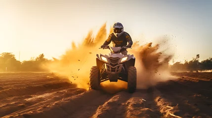 Zelfklevend Fotobehang Man riding atv vehicle on offroad track, quad bike riders in the desert at sunset, extreme sport activities theme. © AspctStyle