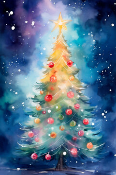 watercolour Christmas tree with garlands and decorations