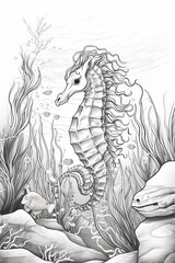 Coloring book page of seahorse in underwater scene in a line art hand drawn style for kids