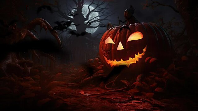 spooky pumpkin in halloween night with flying bat