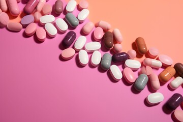 Array of colorful medications in capsules on a pink backdrop. Generative AI