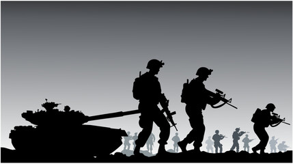 Soldiers on the performance of the combat mission, silhouette of soldiers are fighting in the battlefield vector illustration