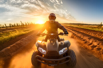 Man riding atv vehicle on offroad track. Quad bike riders in the desert at sunset, extreme sport...