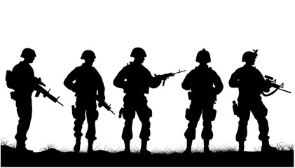 Soldiers on the performance of the combat mission, silhouette of soldiers are fighting in the battlefield vector illustration