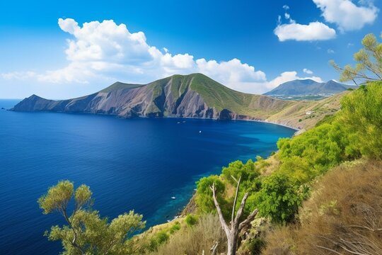 Scenic view of Vulcano island from Lipari island. Generative AI