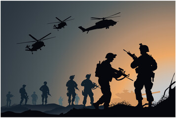 Soldiers on the performance of the combat mission, silhouette of soldiers are fighting in the battlefield vector illustration - obrazy, fototapety, plakaty