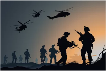 Foto op Plexiglas Soldiers on the performance of the combat mission, silhouette of soldiers are fighting in the battlefield vector illustration © Haruki Yui