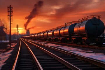 Fototapeta na wymiar Sunrise scene of rail tank cars transporting oil on the rails. Heavy industry, trade, and transport. Generative AI