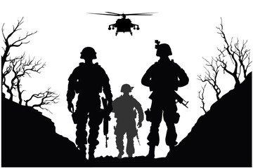 Fototapeta na wymiar Soldiers on the performance of the combat mission, silhouette of soldiers are fighting in the battlefield vector illustration