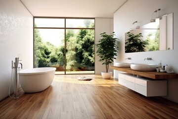 Bathroom with wooden floor interior. Generative AI
