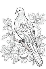 coloring page of a dove or pigeon in a line art hand drawn style for kids