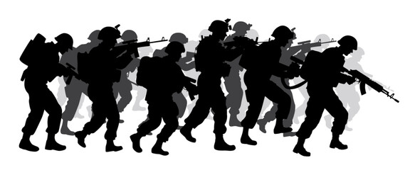 Military soldiers move into position, war forces silhouette on white background
