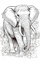 coloring page of a elephant in a line art hand drawn style for kids