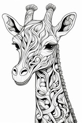 coloring page of a giraffe in a line art hand drawn style for kids