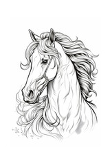 coloring page of a horse in a line art hand drawn style for kids