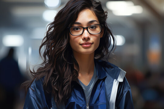Woman wearing glasses and blue jacket. This versatile image can be used to represent professionalism, intelligence, and style. Perfect for business, education, or fashion-related projects.