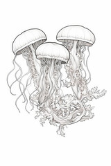 coloring page of a jellyfish underwater scene in a line art hand drawn style for kids