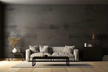 Contemporary home, sleek dark living room design with blank wall mock up, digitally created. Generative AI