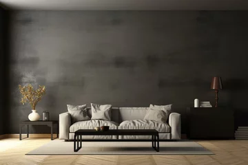 Foto op Plexiglas Contemporary home, sleek dark living room design with blank wall mock up, digitally created. Generative AI © Ronald