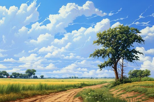 A cornfield landscape with a pecan tree under a summer sky adorned with clouds. Generative AI