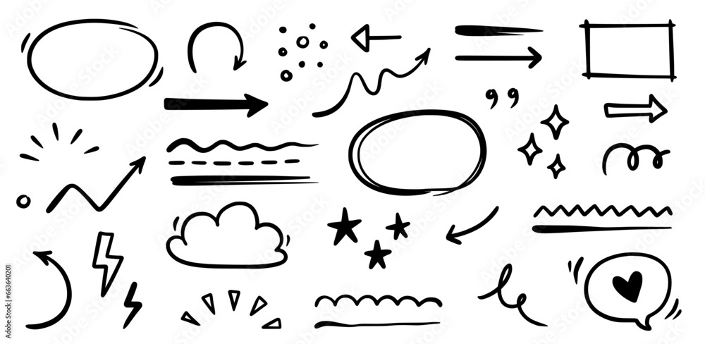 Poster line arrow, underline, round frame hand drawn vector element set. hand drawn doodle scribble text hi