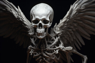 Fototapeta premium Fantasy, culture and religious concept. Spooky looking skeleton with angel wings portrait. Generative AI