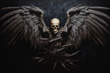 Fantasy, culture and religious concept. Spooky looking skeleton with angel wings portrait. Generative AI