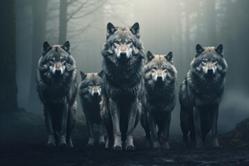 Wolfs in fog. Dark forest background, AI Generative - obrazy, fototapety, plakaty